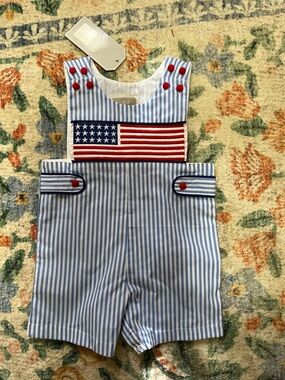 Blue & White Striped Kids Shortall with Flag Patch